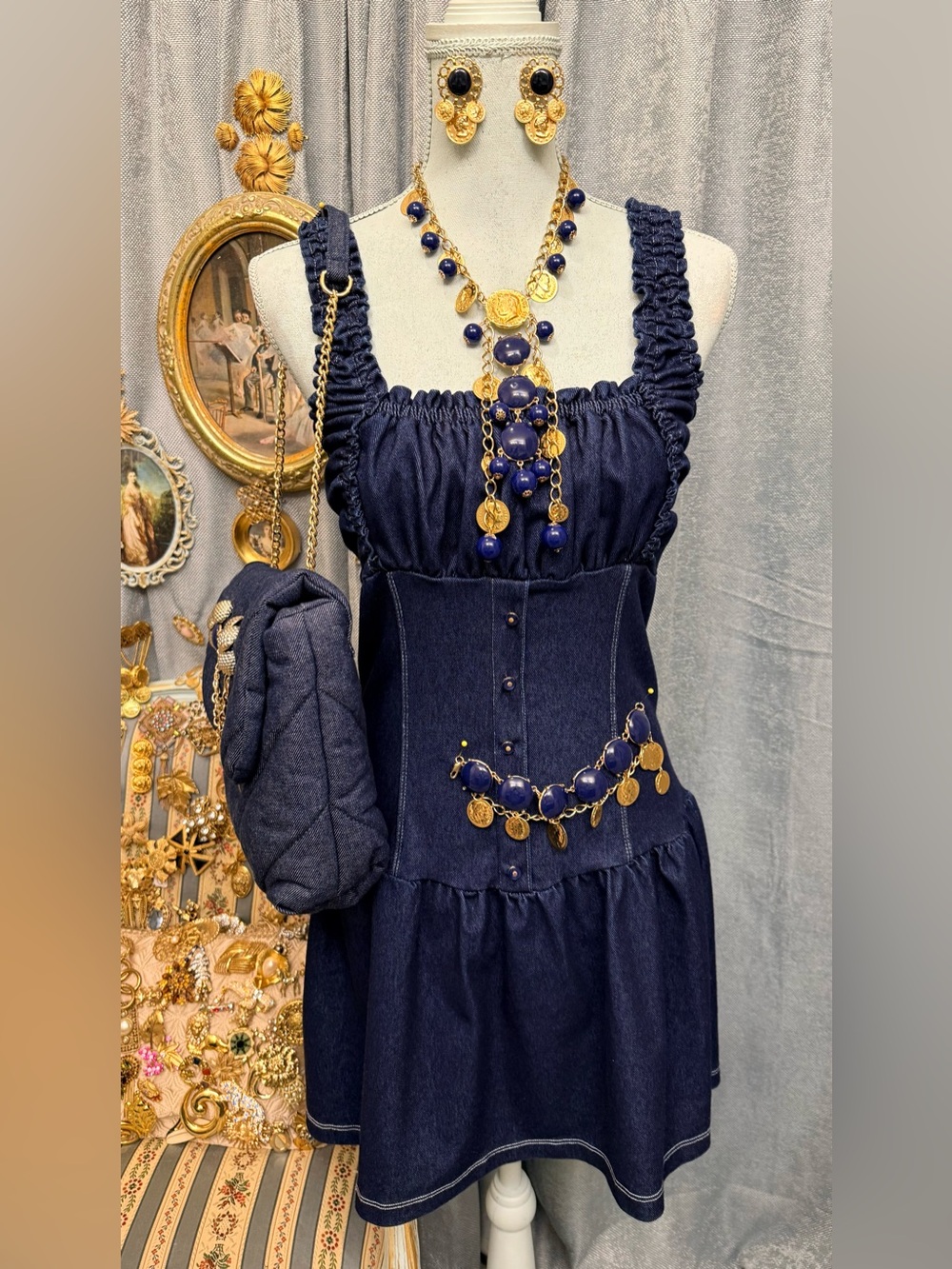 Dark Denim Ruffled Strap Dress with Bag